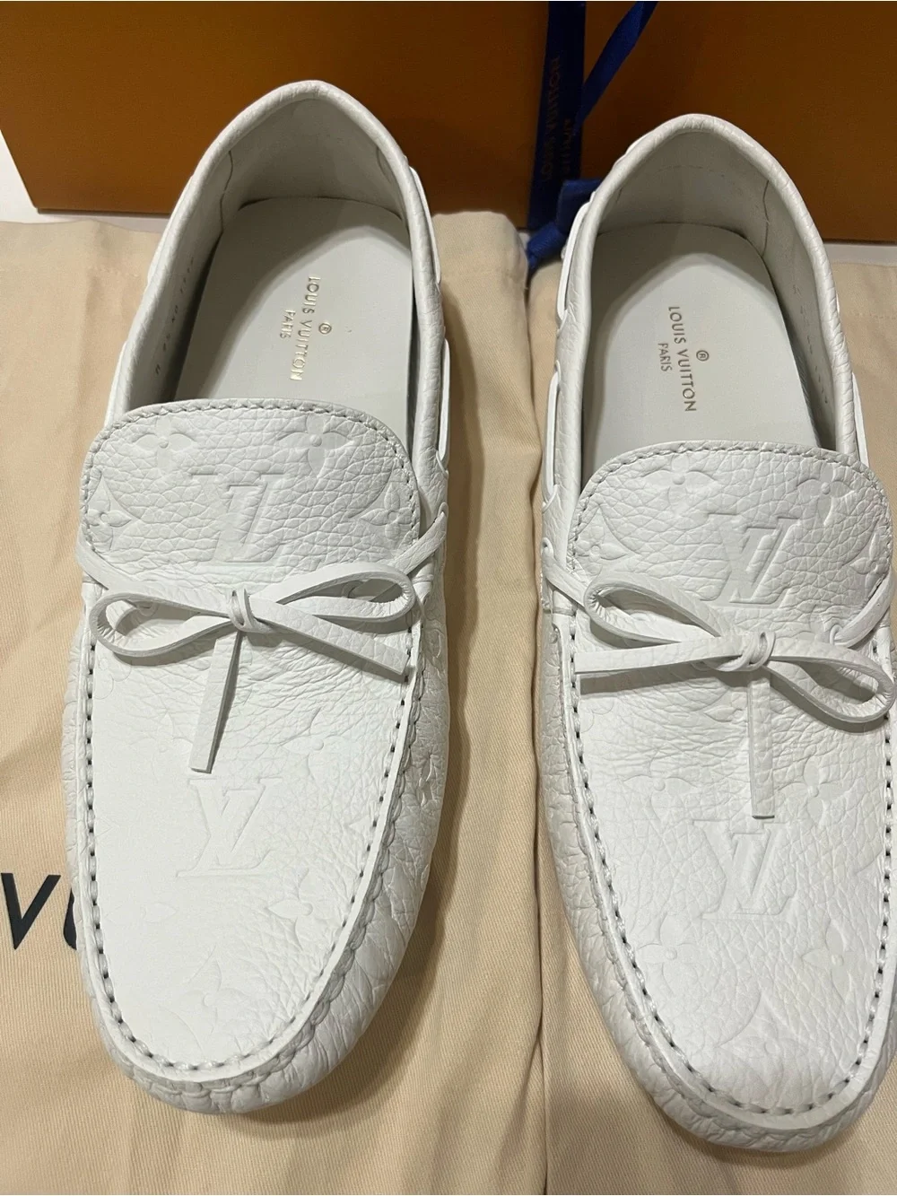 Louis Vuitton White Embossed Monogram Driving Loafers with Bow